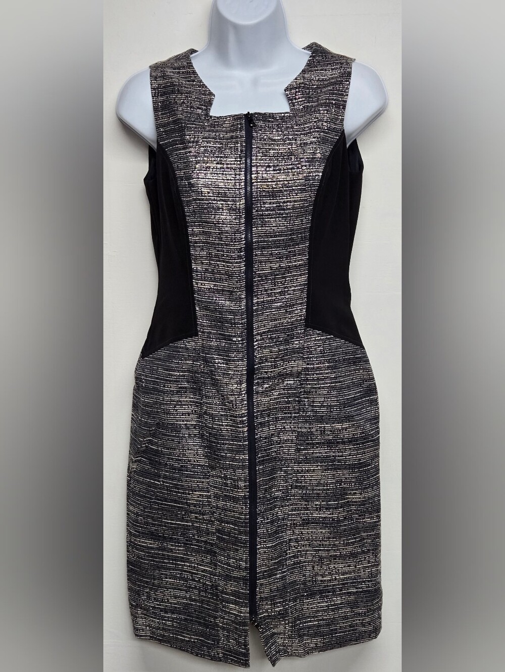 Kenneth Cole 2 Zip Up Sheath Dress Sleeveless Textured Tweed Metallic